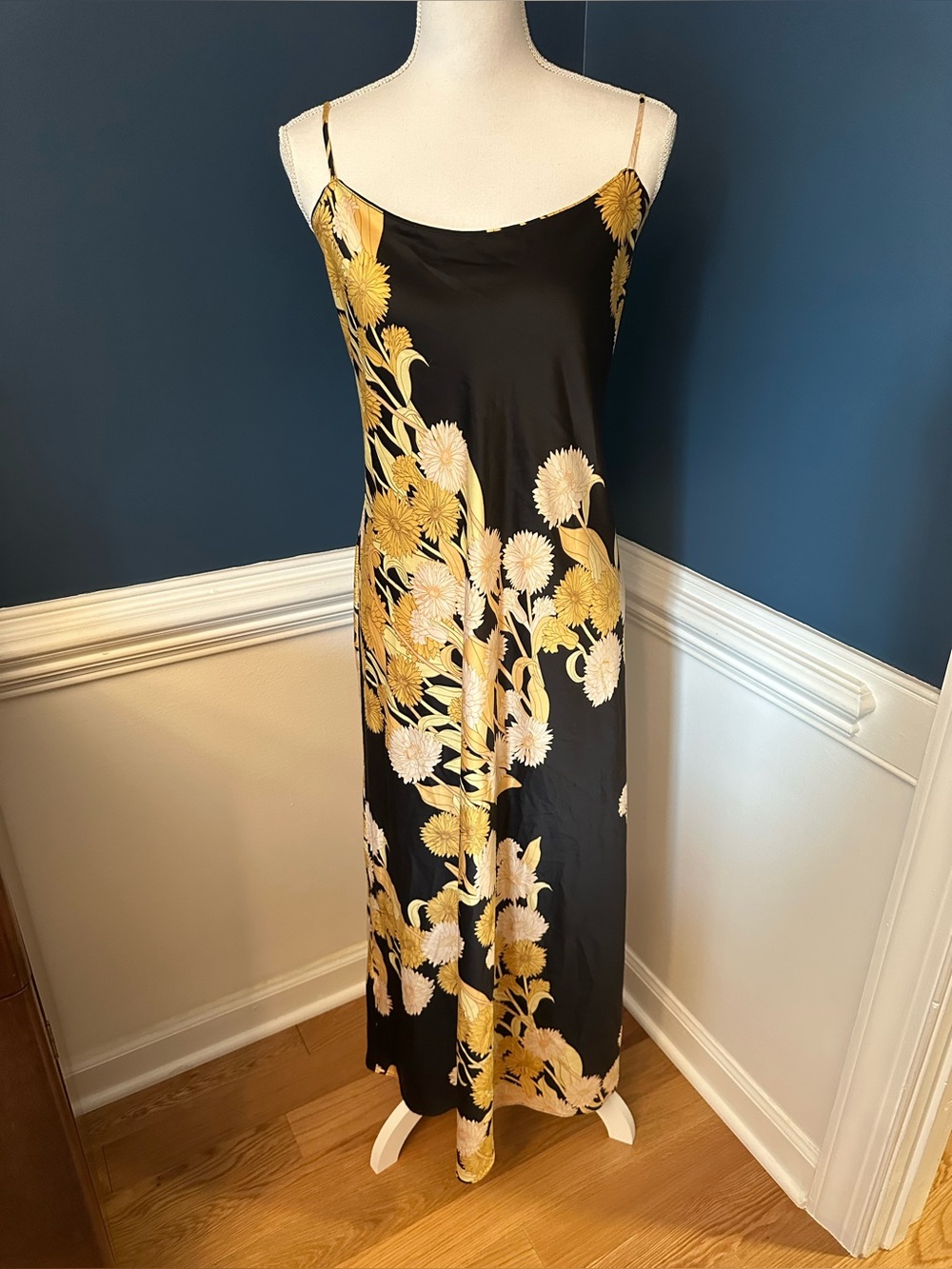 Natori Black Gold Floral Satin Slip Maxi Dress XL